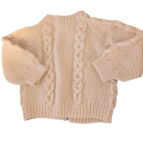 60s 70s Vintage Kids Cream Chunky Cable Knit Sweater Jacket Neutral Aesthetic